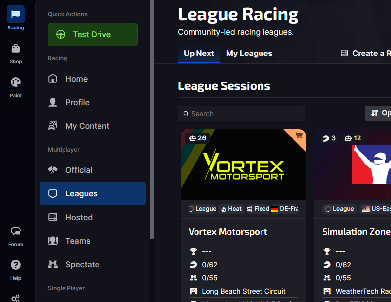 iRacing UI with an arrow pointing to the Leagues tab